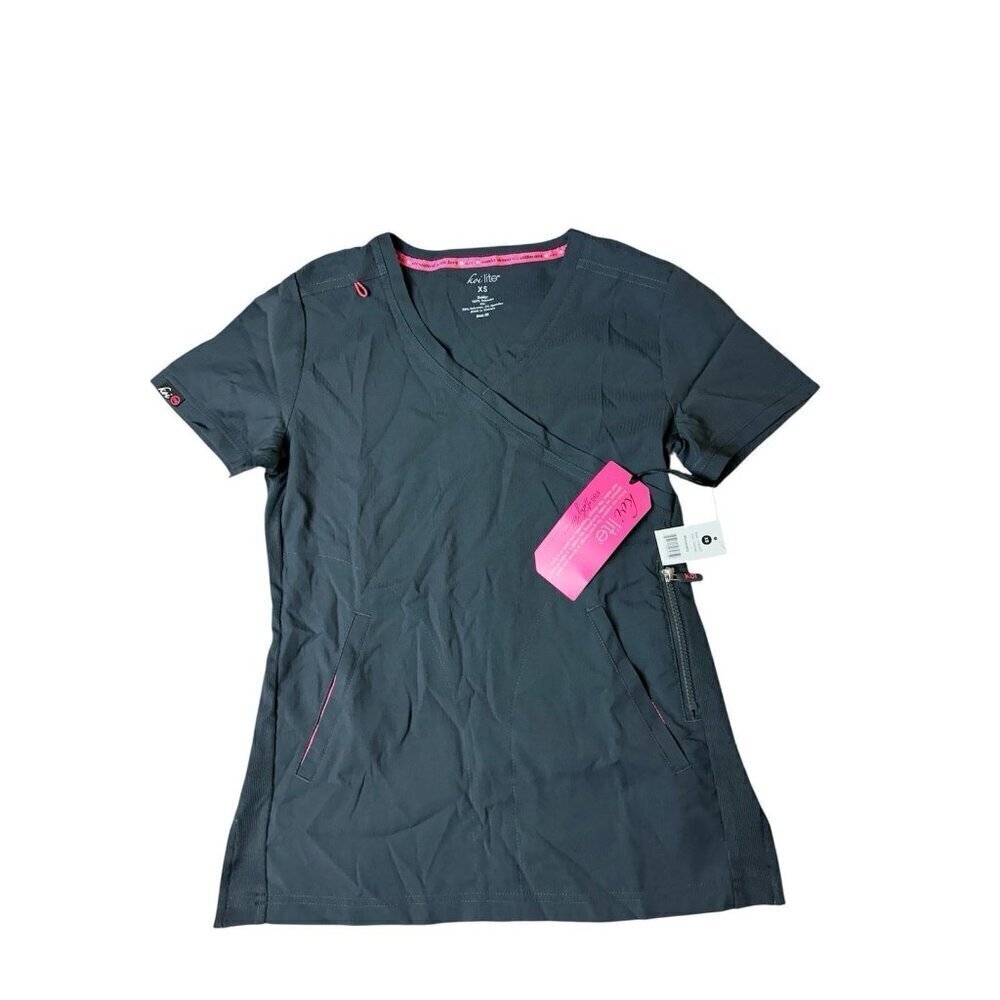 KOI Lite Women's Philosophy Mock Wrap Side Zipper Solid Scrub Top New Charcoal